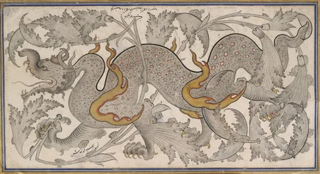 Drago nel Fogliame (disegno, recto); calligrafia, (verso)